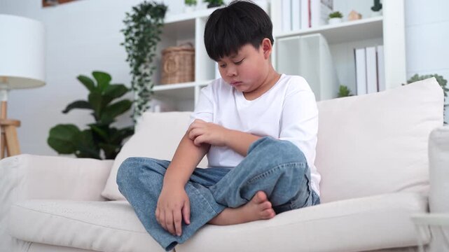 Mosquito bite, asian boy scratching itchy face from insect bite, child health, pediatric care, allergic reaction, skin irritation, healthcare, dengue fever, dermatology and viral disease prevention