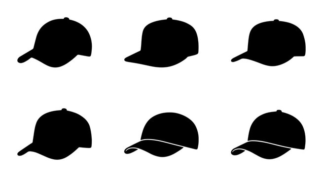 Baseball cap silhouette set, black headwear icons, 6 vector hat templates for branding and apparel