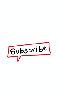 Animated doodle Subscribe speech bubble CTA button, red border black handwritten text on white, scale-up loop animation for YouTube and social media content creators.