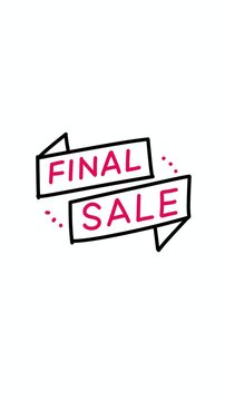 Final Sale animated doodle ribbon banner, bold magenta text on stacked ribbon with black outline, portrait 9:16 4K, bounce animation for e-commerce, promo and retail social media stories.