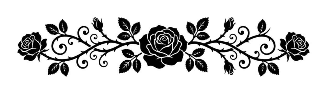 Black Rose Floral Border Vector, Elegant Swirls, Thorns, Decorative Element
