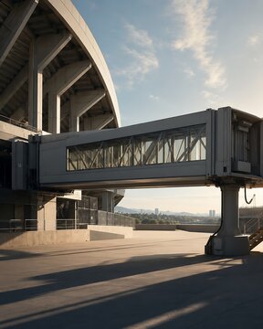 A modern jet bridge connects to a stadium structure under a bright, sunny sky with distant hills.