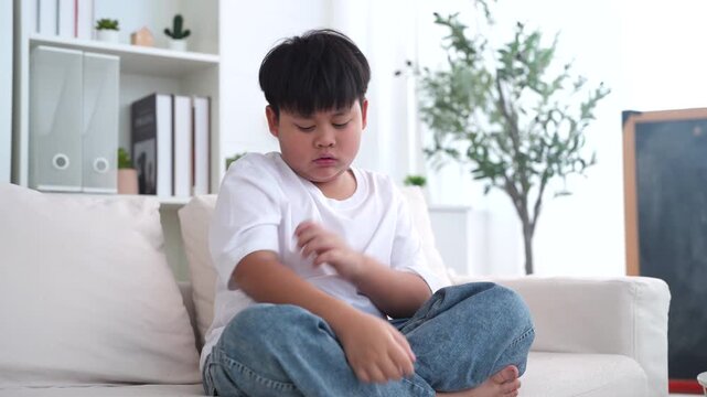 Mosquito bite, asian boy scratching itchy face from insect bite, child health, pediatric care, allergic reaction, skin irritation, healthcare, dengue fever, dermatology and viral disease prevention