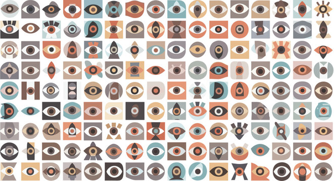 Artistic pattern features a large collection of stylized eye icons in diverse shapes, colors, and designs, creating a unique and mysterious visual.