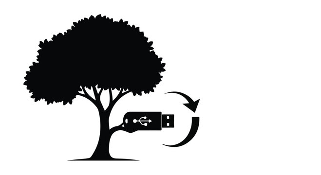 USB drive connected to a tree with a circular arrow symbol, symbolizing data storage and growth.