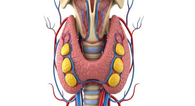 Anatomical 3d render of the human thyroid and parathyroid glands with surrounding blood vessels