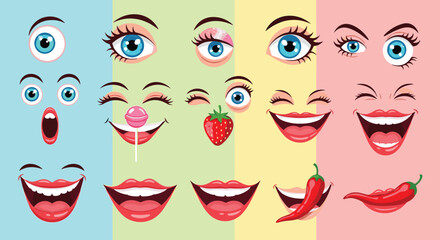 Obraz premium Funny cartoon faces with diverse eyes, mouths, and expressions are shown on colorful backgrounds, including accessories like fruit and candy treats.
