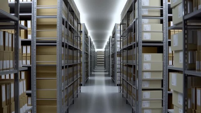Archive aisle with stacked cardboard boxes on metal shelving