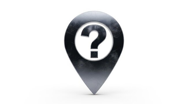 A metallic map location pin with a question mark symbol isolated on white background
