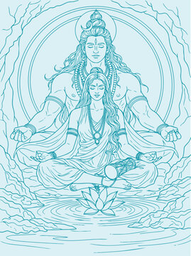 Lord Shiva and Parvati Hindu god Design Element. Sketch or Drawing of Shiva Parvati Outline Editable Vector Illustration