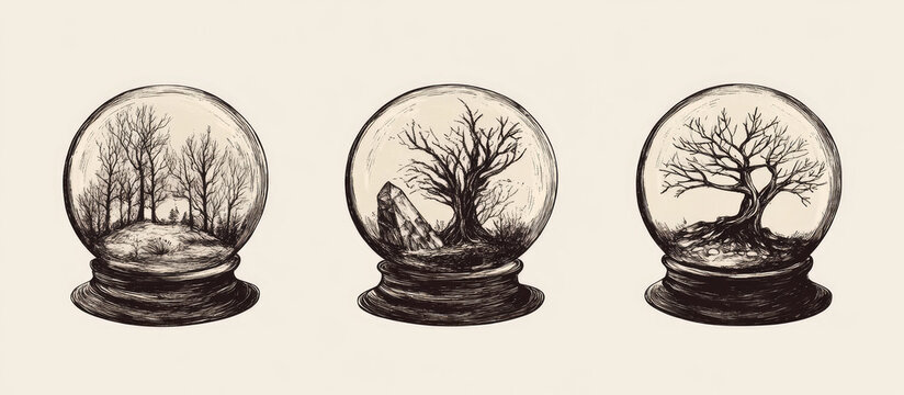 Three snow globes with trees and landscapes are displayed on a shelf indoors.