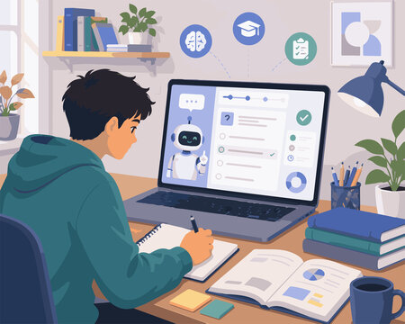 AI Exam Preparation for Students Flat Vector Illustration