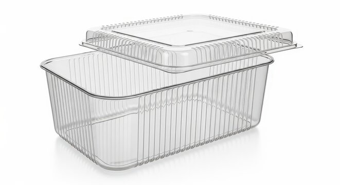 Empty transparent plastic food container with lid isolated on white background