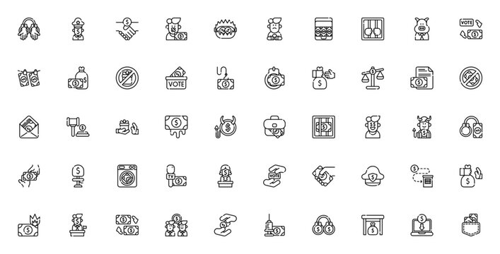 Corruption related icon set. Minimal linear icons. Includes symbols for bribery, money laundering, arrest, prison, judge, politician, handcuffs, cop, votes, and more. Editable stroke.