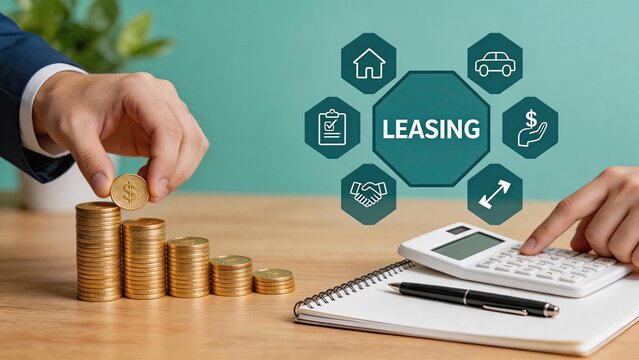 Financial planning for leasing services, hand stacking gold coins, calculator and notebook on desk, business investment concept, asset management strategy, rental agreement