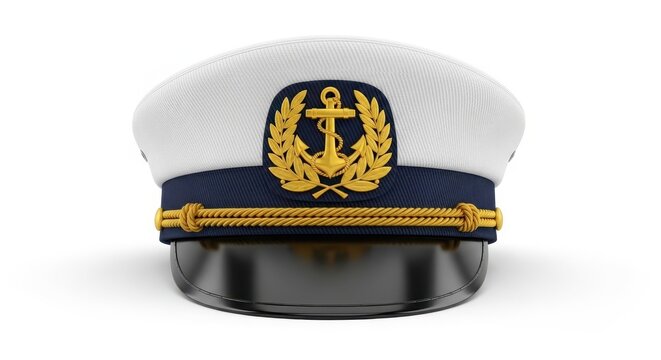 3d render of a captains hat with gold anchor emblem isolated on white background