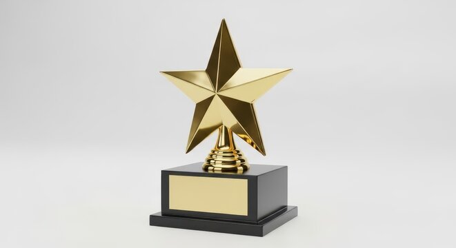 Golden star trophy on a black base isolated on white background