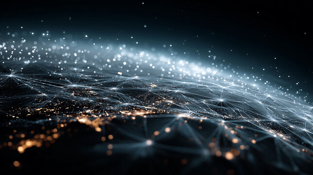 Digital data flow in futuristic abstract wave with glowing particles and dark blue gradient background