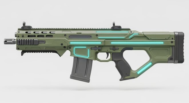 Modern futuristic tactical assault rifle with glowing cyan neon lights isolated on white background