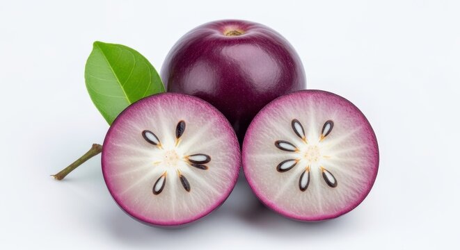 Whole and sliced star apple or cainito fruit with green leaves isolated on white background