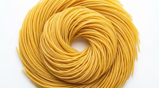A circular arrangement of raw spaghetti pasta noodles, isolated on white background