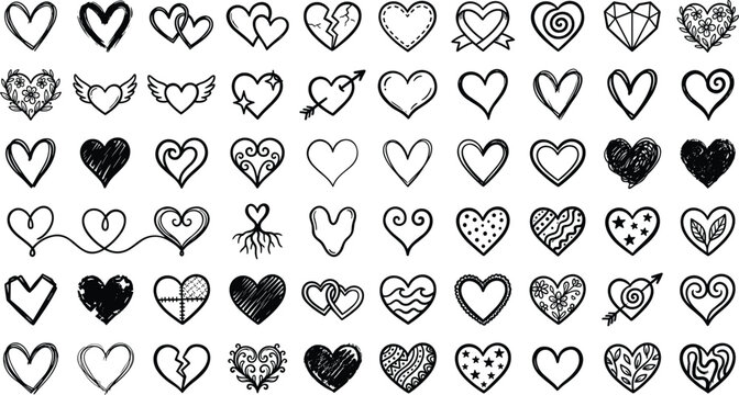 Hand drawn heart icons vector set with doodle shapes broken love symbols wings and romantic decorative elements on white background