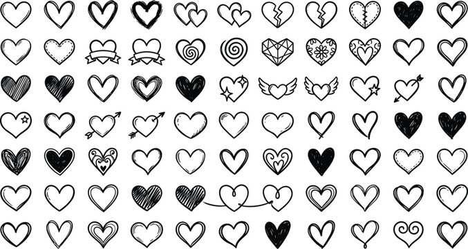 Hand drawn heart doodles line icon set featuring broken hearts wings cupid arrow love shape and wedding decoration symbols