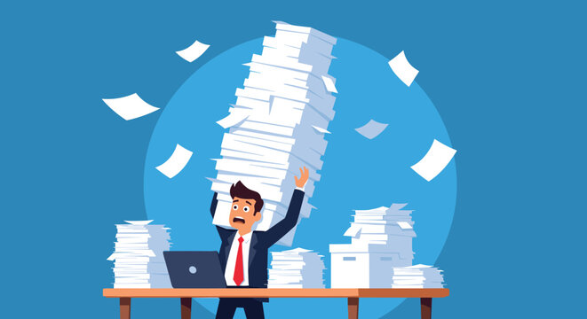 Stressed businessman overwhelmed by a massive stack of paperwork at his office desk with documents flying in the air around him in a panic.