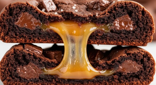 Closeup of a delicious chocolate cookie with a gooey caramel center filling, showing the texture of the chocolate dough and melted caramel stretch