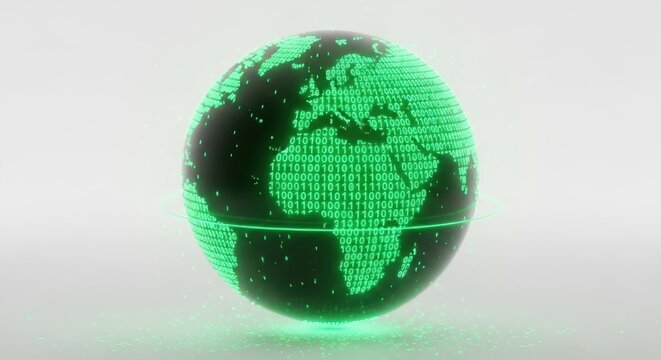 Digital globe made of binary code representing global data and technology, isolated on white background
