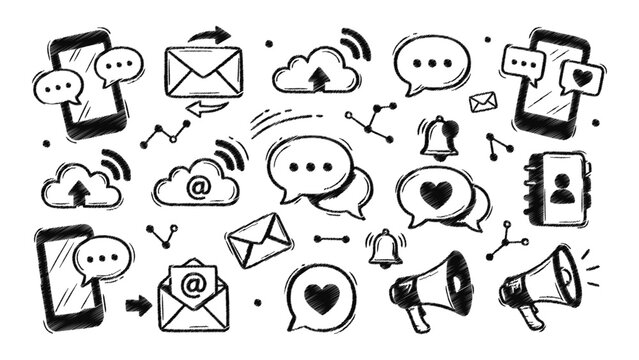 Collection of doodle-style communication icons including smartphones, emails, clouds, speech bubbles, notifications, and megaphones on a white background.