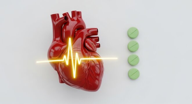 A 3d render of a human heart with a glowing ekg line and four green pills, isolated on white background