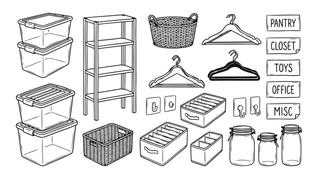 Hand-drawn collection of home organization items including plastic storage bins, shelving unit, woven baskets, clothes hangers, wall hooks, drawer dividers, glass jars, and labels for pantry, closet,
