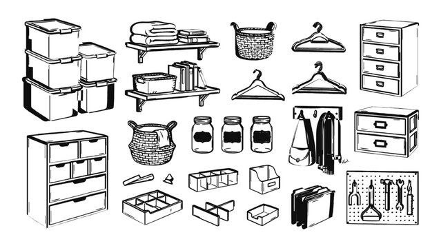 Collection of sketch-style storage solutions including plastic bins, shelves, drawers, hangers, baskets, jars, organizers, and a pegboard tool rack.