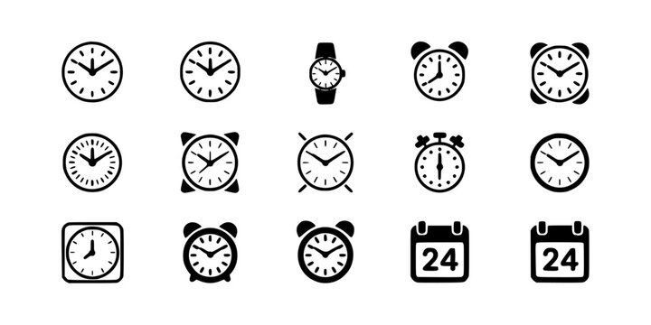 Clock Icon Set with Round Alarms and Digital Watch Faces on a Simple Monochrome Background for App Ui Design