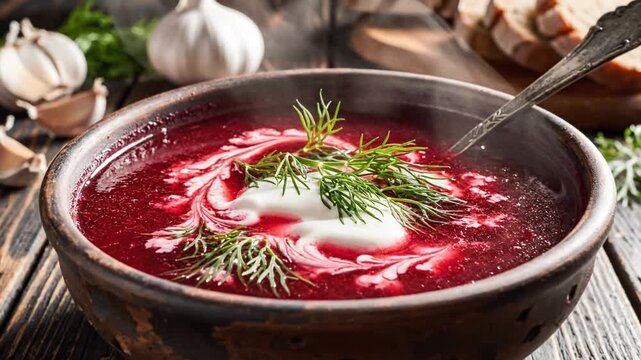 Red beet soup in rustic bowl with sliced bread.