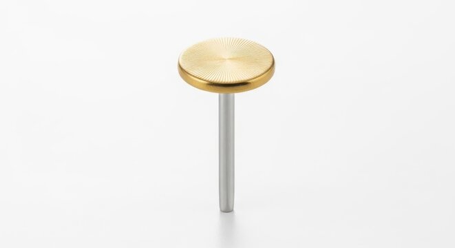 Closeup of a decorative goldcolored metal pin or furniture knob with a textured circular head and a smooth silvercolored stem isolated on white background