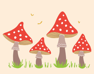 Red amanita mushrooms on green grass background. © Marharita