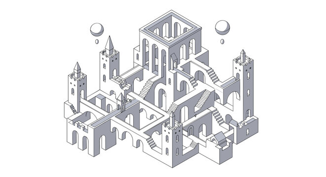 Intricate isometric illustration of an impossible architecture features complex staircases and arches inspired by paradoxical structural designs.