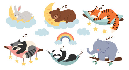 Obraz premium Adorable set of sleeping animals including a panda, raccoon, and elephant rest on moons, clouds, and hammocks under a colorful rainbow.