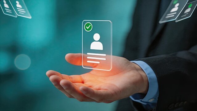 Digital ID card verification held in hand with holographic user profile icon, secure access control system concept, electronic passport scanning and personal data authentication