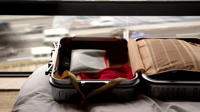 Traveller quickly unpack suitcase, take away clothes and stuff in hurry, time lapse shot. Open case lying on bed against window, blurred background, lively car traffic seen down outdoors