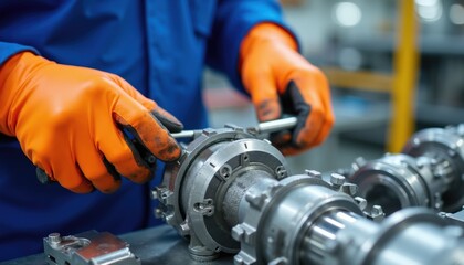 Fototapeta premium Factory worker in blue uniform and orange gloves assembles precision metal parts using tools. Machinist works on mechanical components in a modern industrial manufacturing plant.