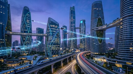 Obraz premium Futuristic cityscape at dusk with highway and skyscrapers
