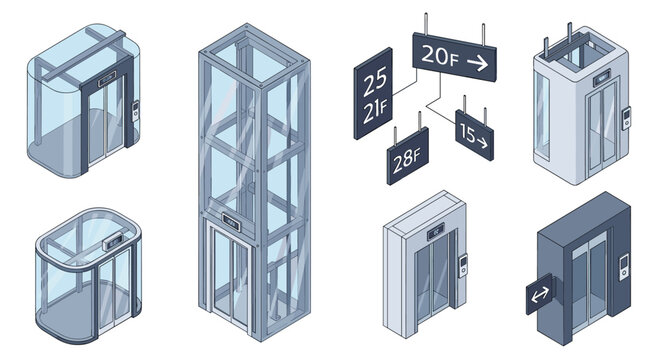 Set of isometric modern elevator designs includes glass panoramic lifts, standard building elevators, and directional floor signage.