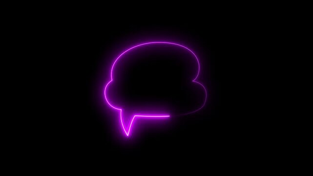 Glowing neon speech bubble sign pulsing on black background, minimalist digital communication for social media and messaging apps.