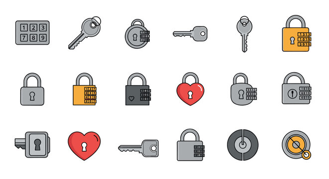 Comprehensive set of icons for security features various types of padlocks, keys, combination locks, and numeric keypad entry systems.