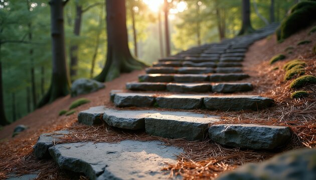 Stone stairs ascend a forest hill bathed in warm afternoon sun. Pine needles cover the path. Trees and moss create a peaceful natural scene. Peaceful nature walk or hiking trail.