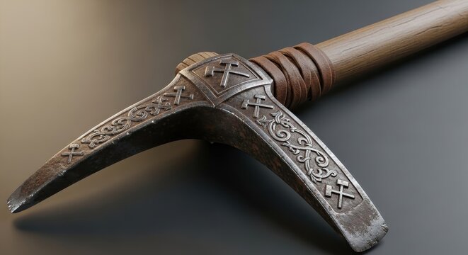 Closeup of an ornate, rustic pickaxe with a wooden handle and intricately carved metal head featuring ancient symbols
