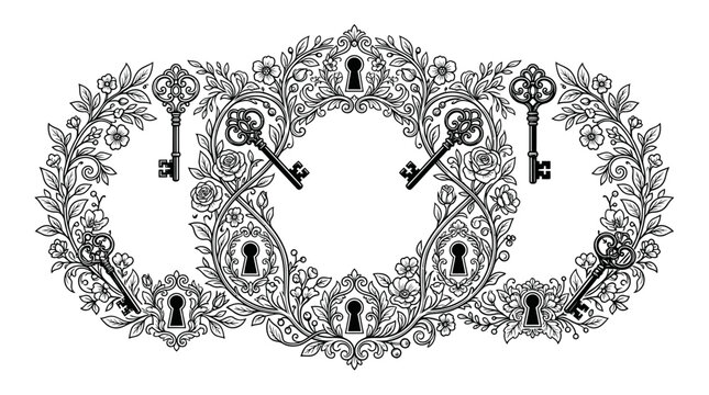 Vintage Keys in Ornate Wreath Design.
